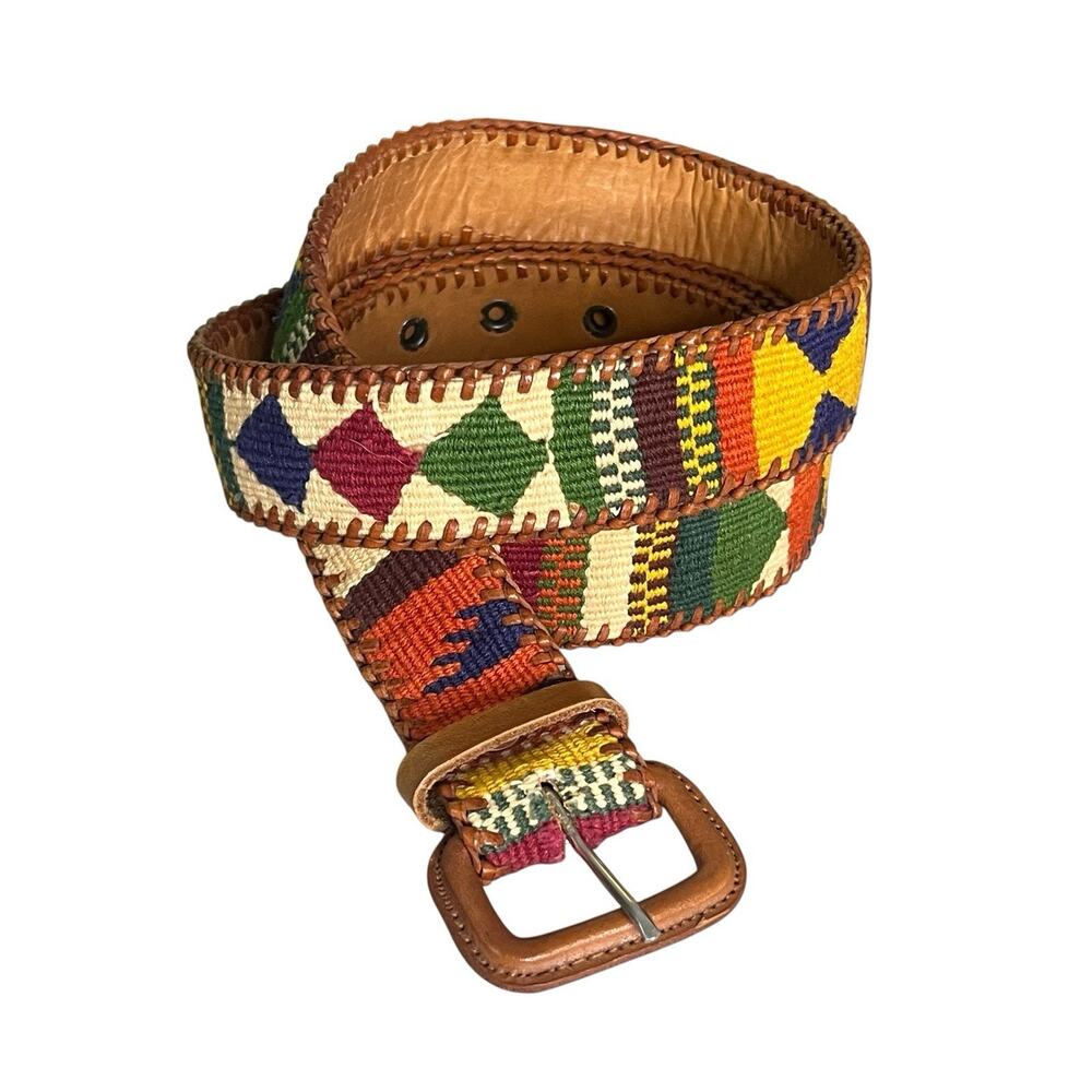 Handmade Leather Mayan Woven Textile Belt Unisex 42 Artisan Whipstitch Boho